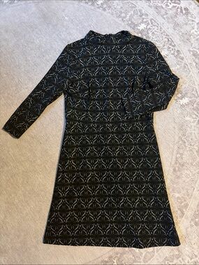 LOFT Black Long-Sleeve Patterned A-Line Dress